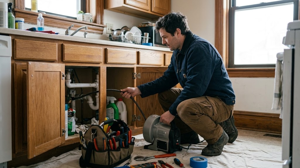 Professional plumber using motorized drain snake cable machine in Manhattanville