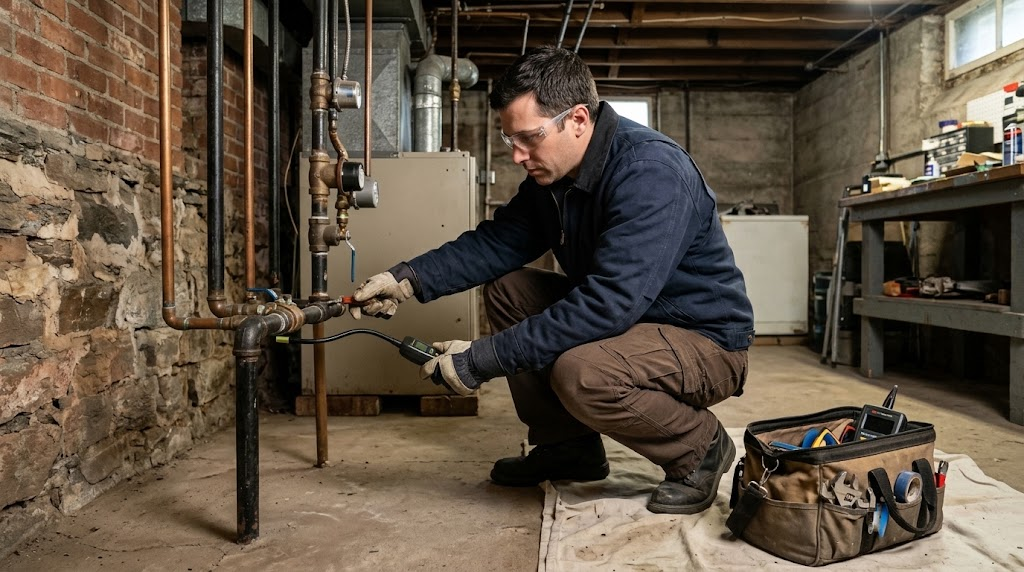 Plumber inspecting black iron gas piping and shutoff valves in Manhattanville