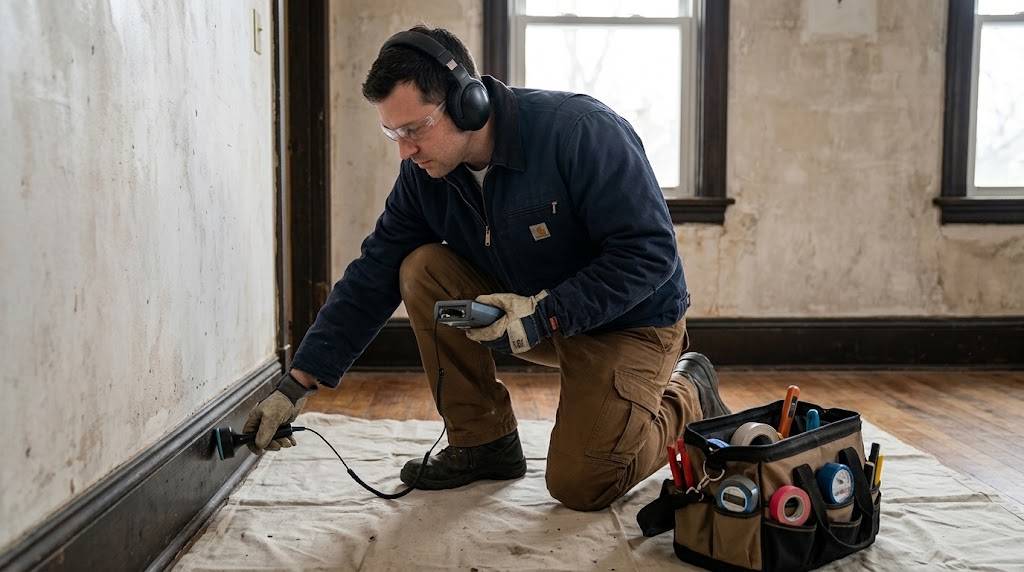 Professional technician performing electronic acoustic leak detection on concealed plumbing lines in Manhattanville Manhattan