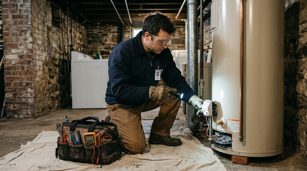 Technician troubleshooting gas valve and burner assembly during water heater repair in Manhattanville